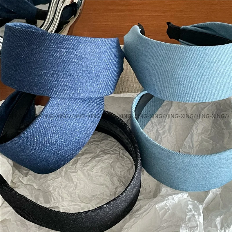 Modisches, individuelles, blauem Denim-Optik gestreiftes, breites Stoff-Haarband, koreanische Version, neues Street-Style-Haarband mit Druckknöpfen, Haarband zum Gesichtwaschen – Detail 3