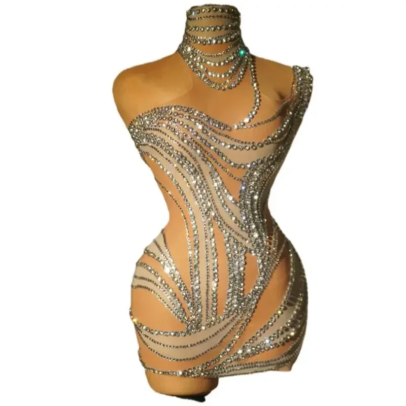 

Sexy Rhinestones Dress Nightclub Dance Crystals Outfit Singer Performance Stretch Costume Birthday Celebrate Party Liuzhuan