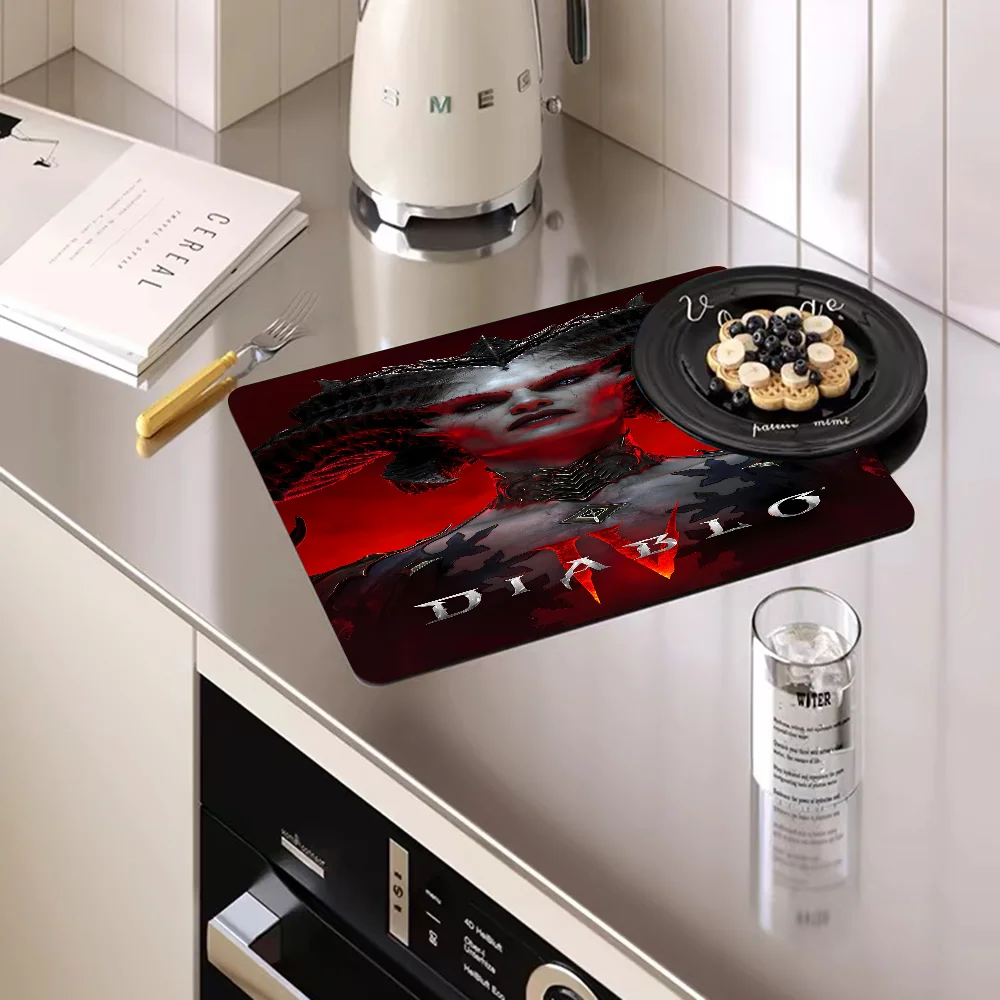 Hot Game Diablo Quick Drying Dish Mat Printed Kitchen Non-slip Coffee Cup Pad Drain Mats Dinnerware Cup Bottle Placemat