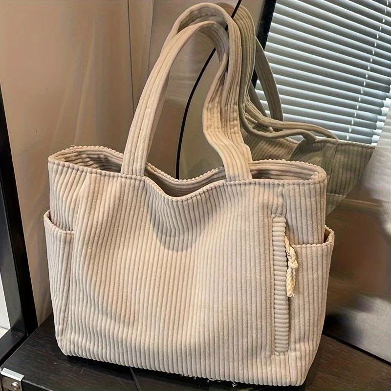 Image of Leichte Cord-Handtasche mit großem Fassungsvermögen und Reißverschluss, einfarbige lässige Umhängetasche für den täglichen Pendelverkehr