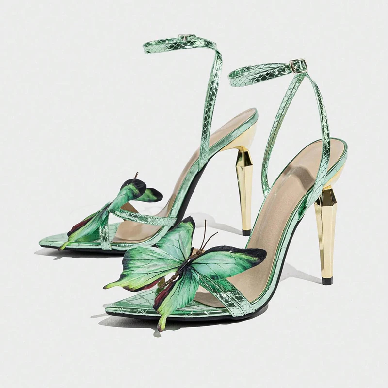 Green Butterfly Embellish Design Heeled Sandals Women Fashion Pointed Toe Ankle Buckle Designer Shoes Sexy Party Dress Pumps
