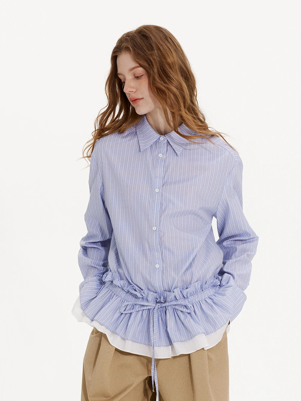 

Синяя полосатая женская повседневная юбка с длинным рукавом, оригинальный дизайн Midforce, свободный крой, плиссированная юбка с сборками по низу, из смесового хлопка