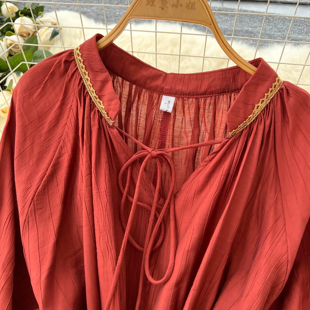 Schickes Vintage-O-Ausschnitt-Schnürkleid, elegante Fee, koreanische Mode, Boho-Sommerkleid, Damenbekleidung, langes Kleid