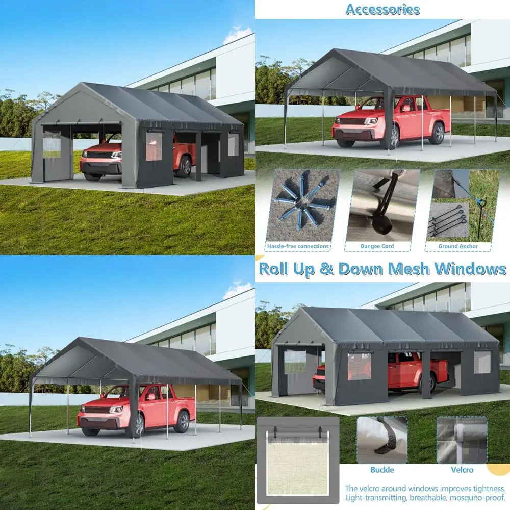 

Сверхмощный карман 13x25x10 с подвижными боковыми стенками и вентилируемыми окнами, портативный уличный гараж для транспортных средств и лодок, серый