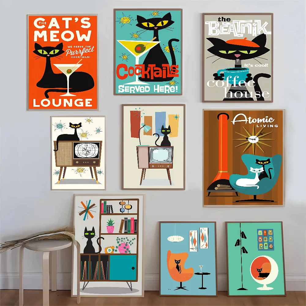 Mid Century Black Cat Classic Vintage Posters Decoracion Painting Wall Art White Kraft Paper Kawaii Room Decor