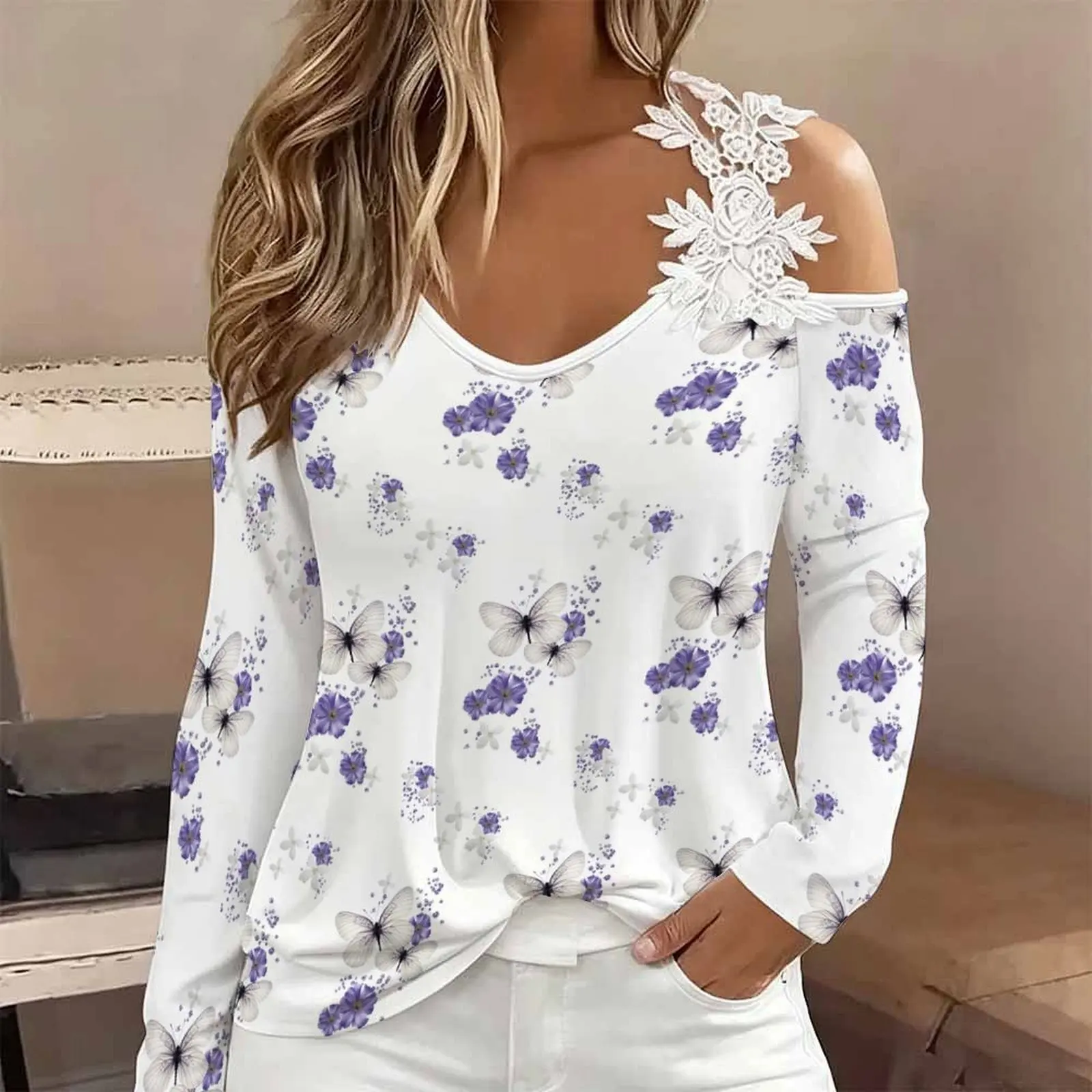 Autumn Winter Women's Trendy Top V-Neck Long-sleeved Fashion Off-the-shoulder T-shirt Printed Tee Retro Elegant Clothing