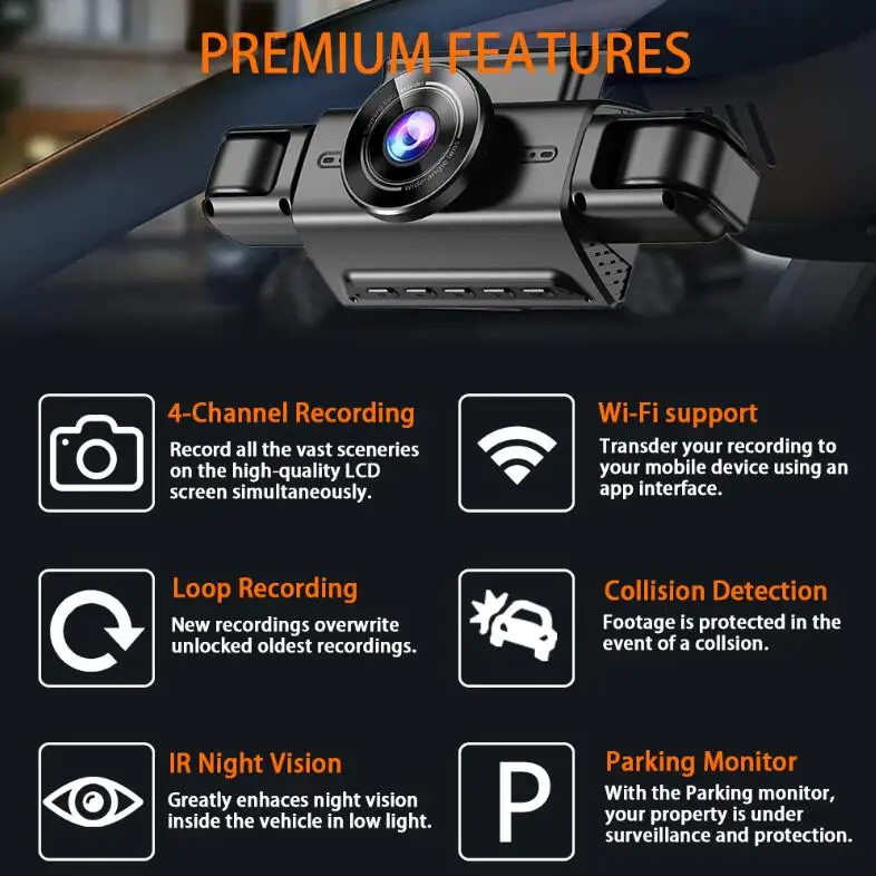 XZY 4 Lens FHD 1080P Car Driving Recorder WiFi App Control 4 Channel 24 Hours Parking Surveillance Camera