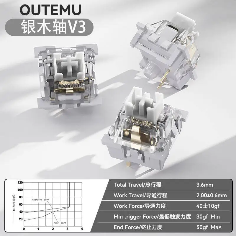 Outemu Silver Wood Axis V3 Linear Keyboard Switches with Mahjong Sound, 3Pin Hot-swappable