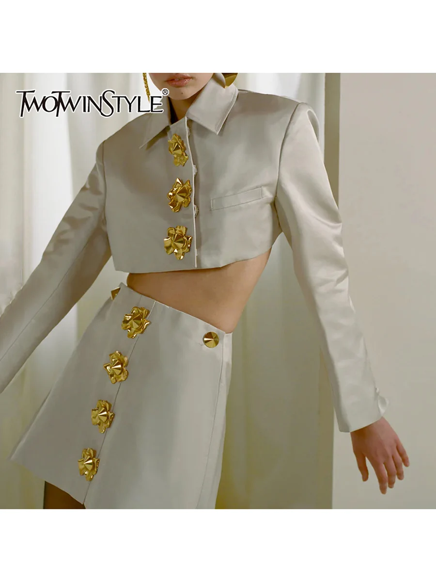 TWOTWINSTYLE Solid Spliced Sequined Two Piece Sets for Women Lapel Long Sleeves Short Top High Waist Skirt Fashion Set Female