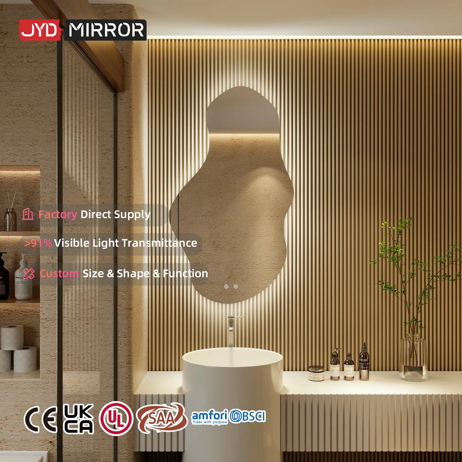 Asymmetrical Wall Mounted Smart Sensor Touch Adjustable Backlit Led With Lights Frameless Irregular Bathroom Mirror