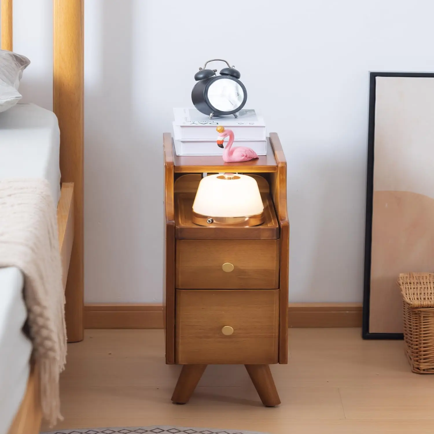 latifolia Comodino in legno massello, comodino per camera da letto a 2 cassetti, piccolo comodino con ripiano portaoggetti (noce, 7,87''L)