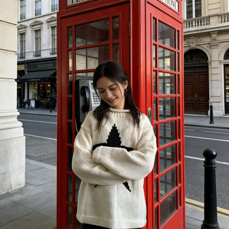 

Y2K Style Women s European American Autumn Winter Pentagram Contrast Color Round Neck Loose Knit Soft Warm Versatile Fashion