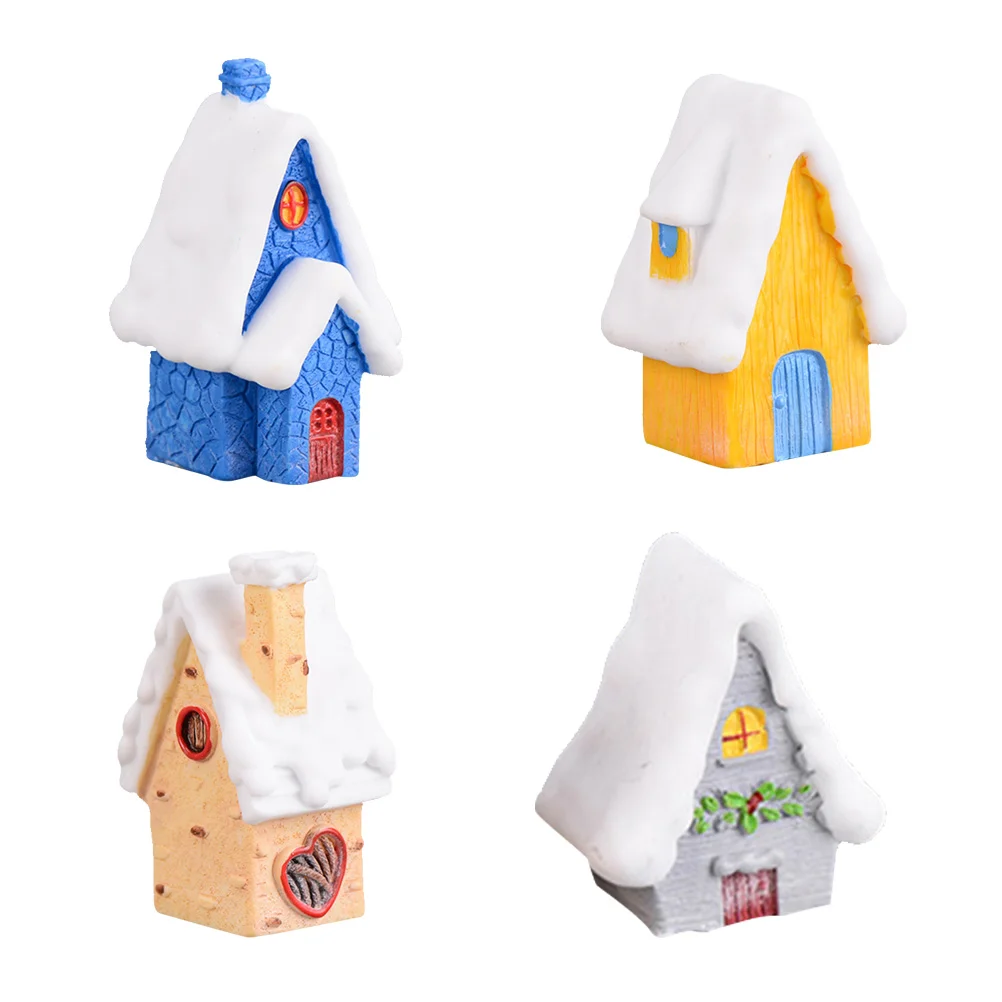 4 PCS Resin Ornament Mini House Small Snow DIY Micro Landscape Crafts Christmas Decorations