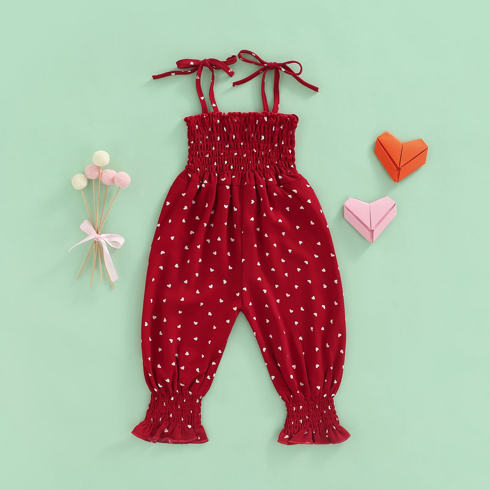 2022-03-04 Lioraitiin 0-4Years Toddler Girl Sling Jumpsuit Heart/Leopard Printed Pleated Tie-Up Simple Style Overalls Romper