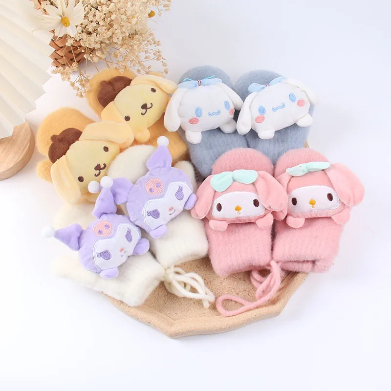 

Cinnamoroll Kids Gloves Hello Kitty My Melody Kuromi Pompom Puri Sanrio Cartoon Thick Warm Boys Girls Halter Knit Plush Gloves