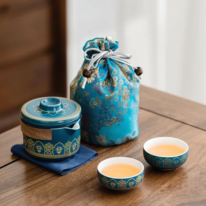 Outdoor ceramic gifts, light luxury and ancient charm, portable hand-held teapot, travel outdoor quick cup, high-end gift bag