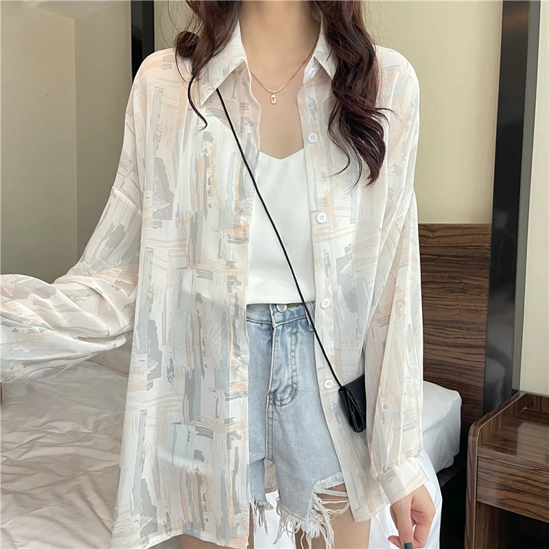 

2024 Light Women's Sun Protection Jacket Summer New Loose Chiffon Medium Long Sleeves Wild Drawstring Female Tops New YC531