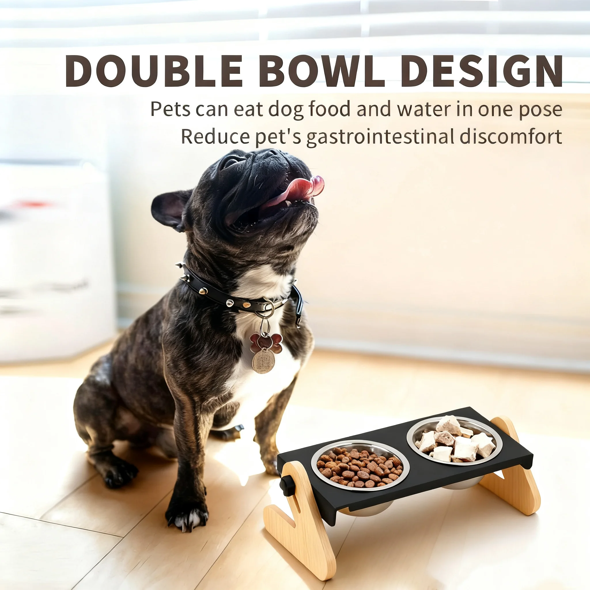 

Приподнятая кормушка для домашних животных, миски для собак и кошек из нержавеющей стали для еды и воды, деревянная рама