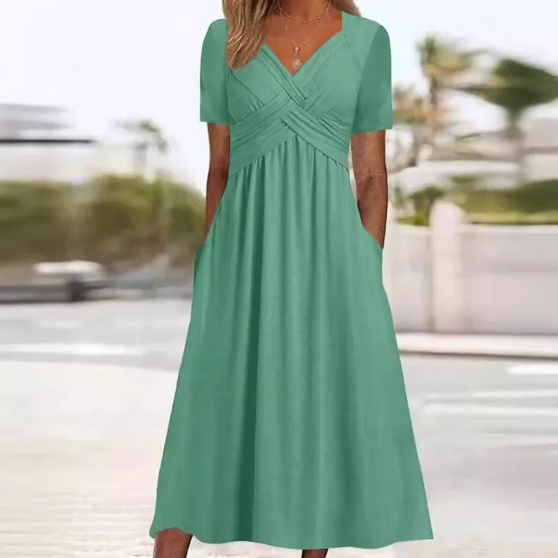 New Arrivals 2024 Summer New Women's Clothing Solid Color V-neck Shoulder Short Sleeve Casual Fashion Dress