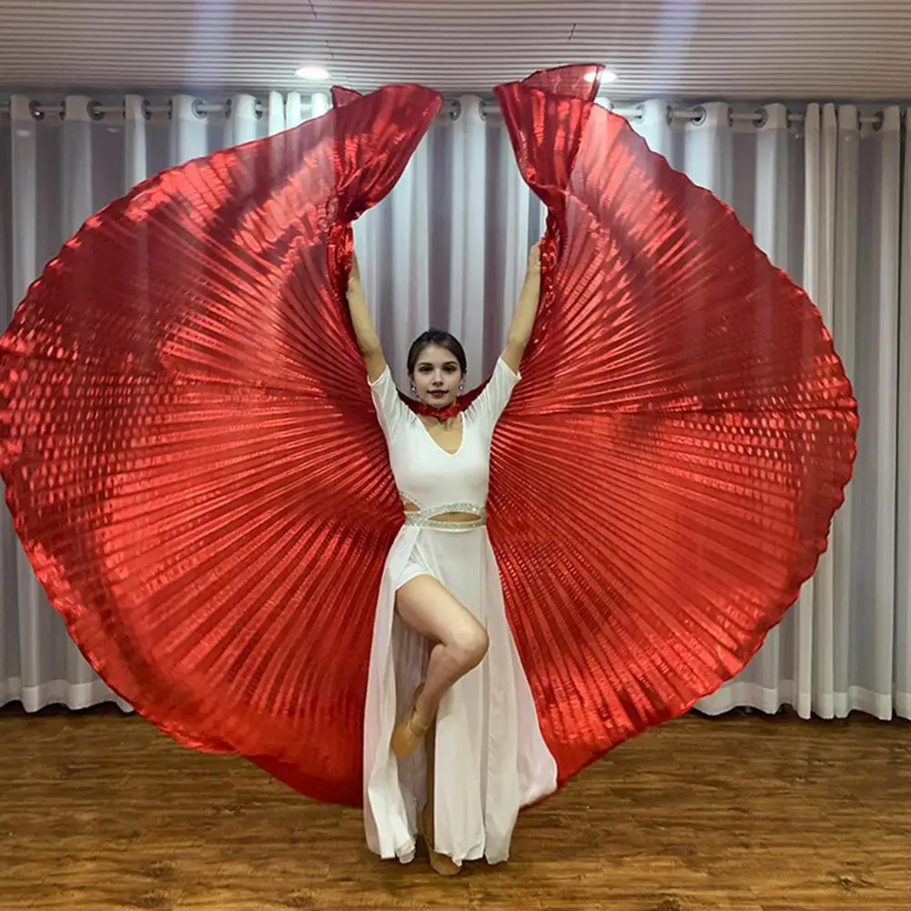 Performance Cape with Telescopic Rod 360 Degree Belly Dance Wings Egyptian Costume Pleated Bright Color Luster Surface Wing Prop