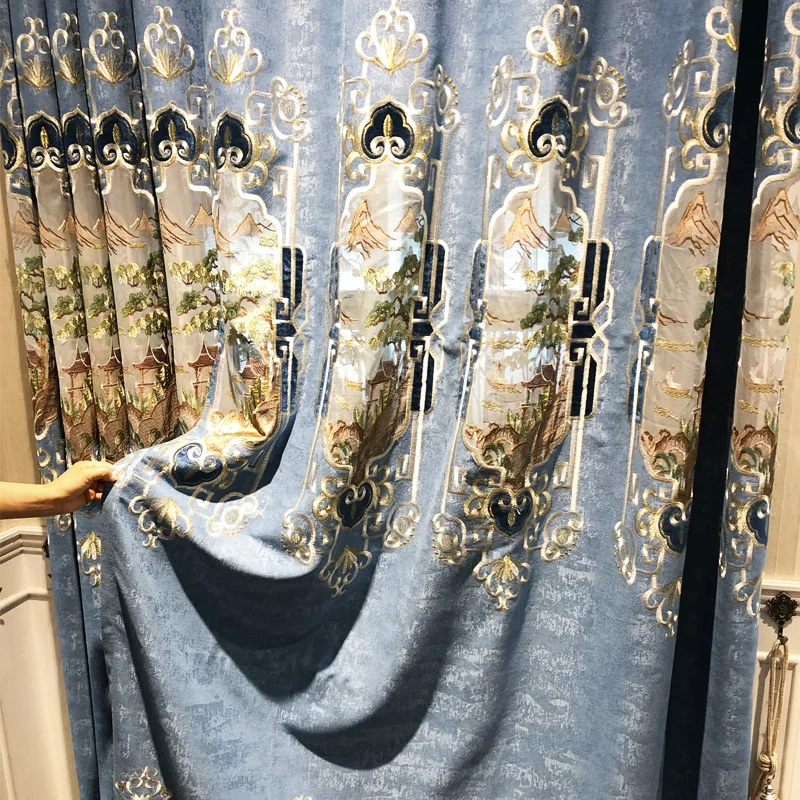 Luxury European Style Hollowed Out Embroidery Curtains for Living Room Exquisite and Elegant Blue Semi Blackout Window Curtains