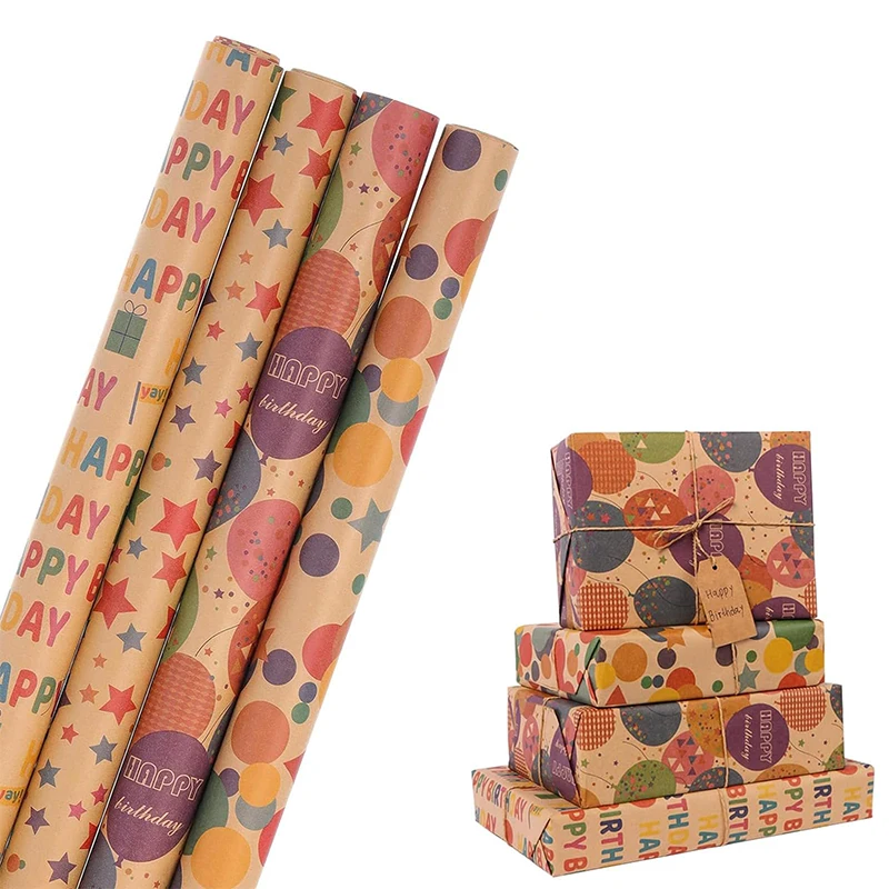 1 Roll 17 Inch X 120 Inch Birthday Wrapping Paper, Gift Wrapping Paper Roll, Kraft Wrapping Paper