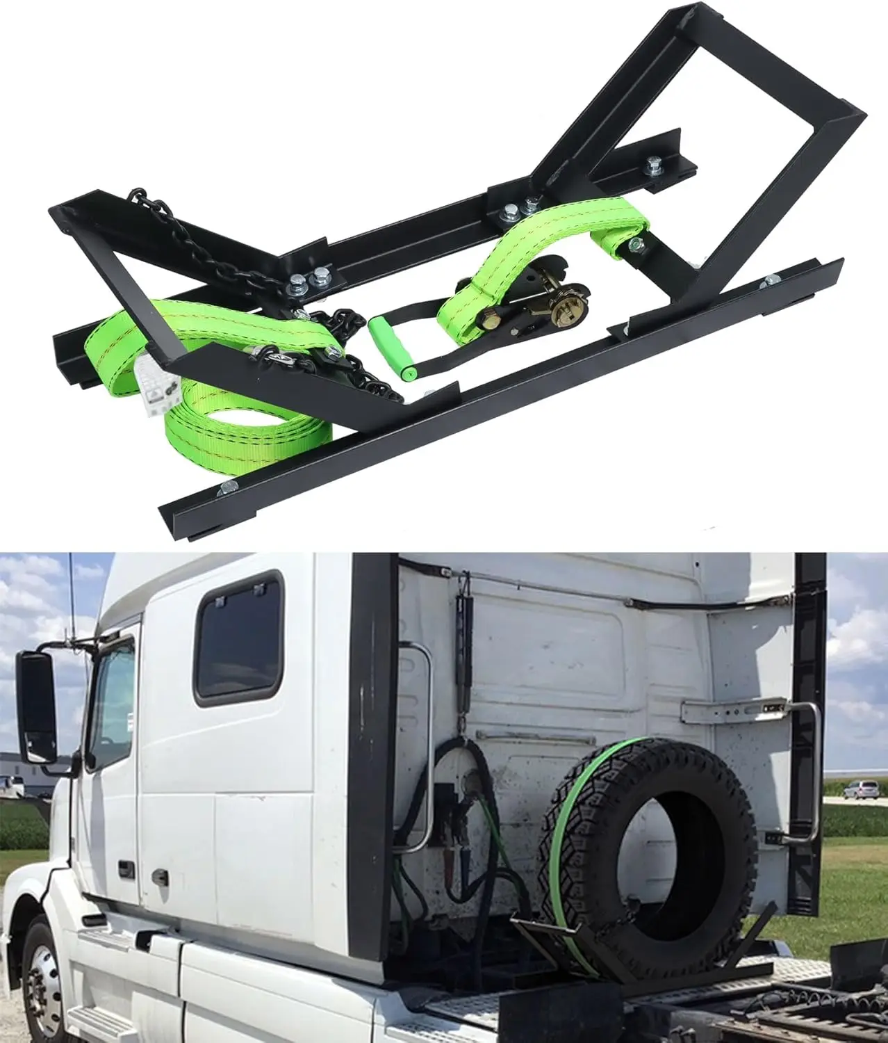 

Heavy-Duty Semi Truck Spare Tire Rack, Adjustable Carrier with Lock for Secure Mounting, Orange or Green