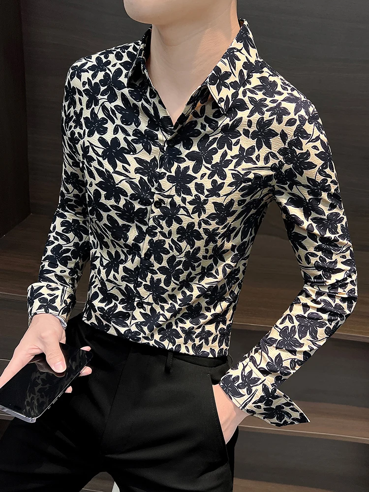 

Мужская рубашка с цветочным принтом и длинным рукавом, повседневная, весна-осень, новая модель, с цветочным узором, премиум-класса, для делового повседневного стиля