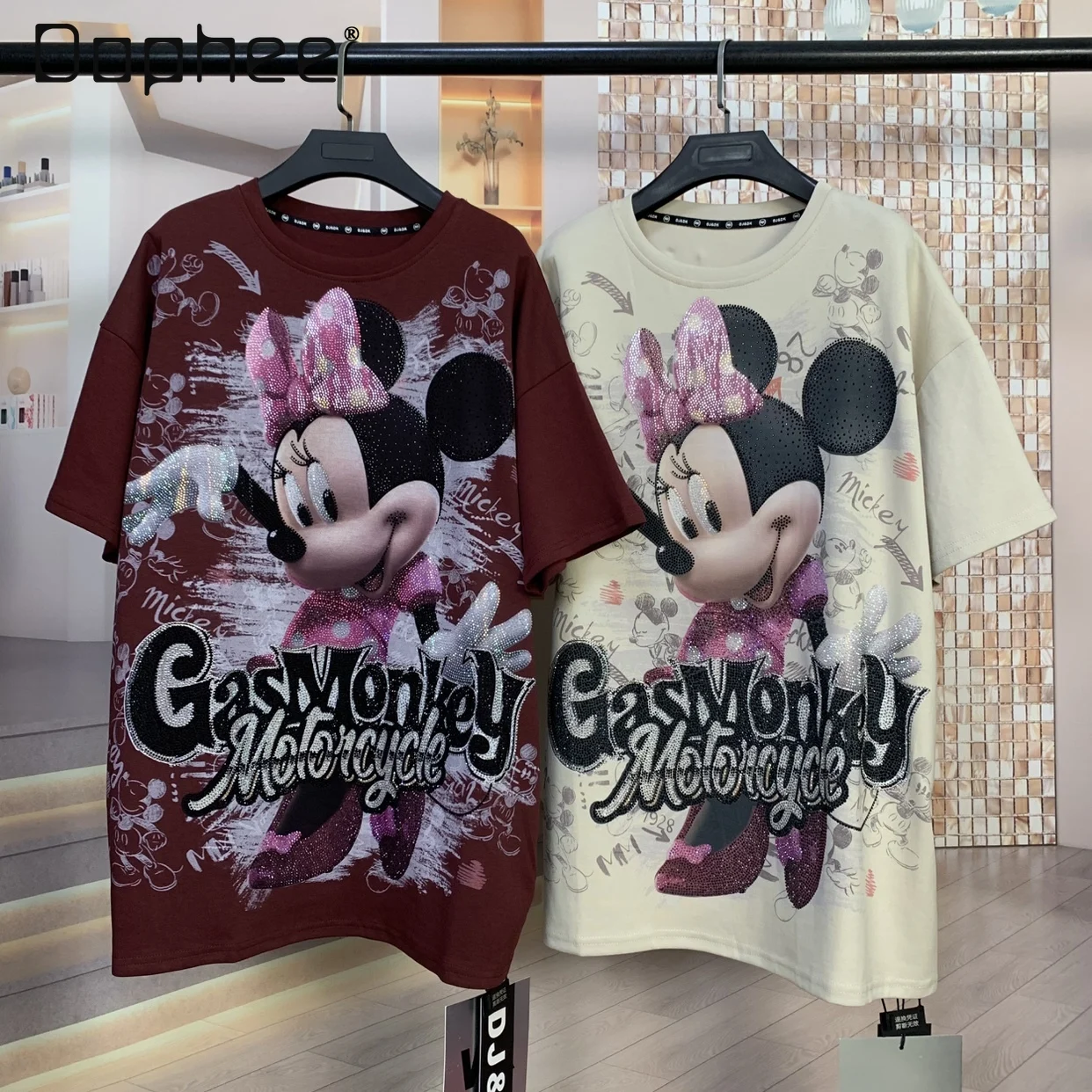 

Fashion Heavy Rhinestone Letter Cartoon Round Neck Loose Short Sleeve T-Shirt Women Clothing Oversized T-Shirt