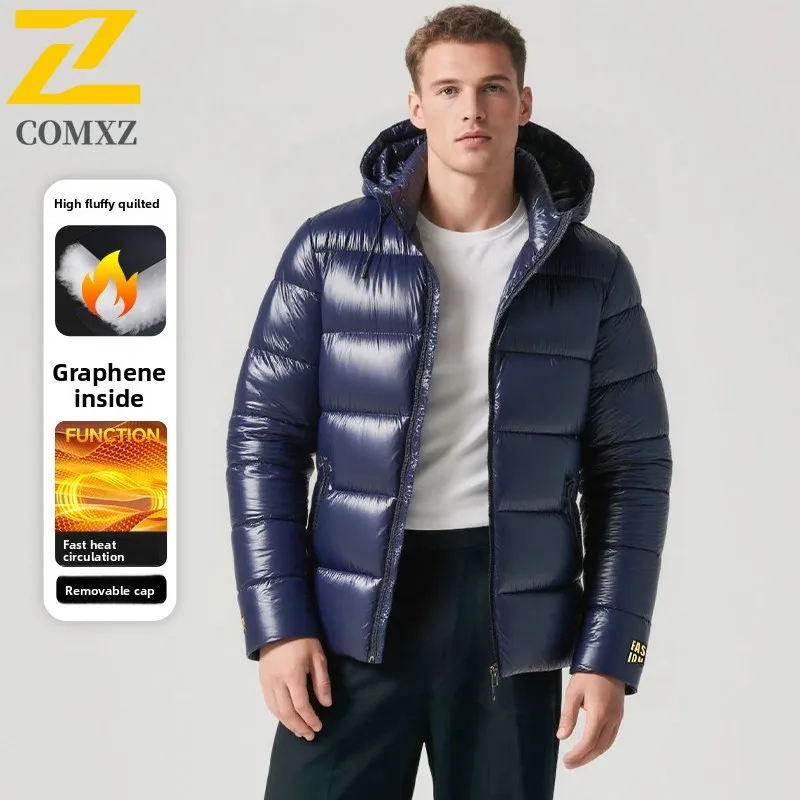 جديد 2025 معطف شتوي صغير من القطن للرجال باللون الأسود والذهبي قصير مقاوم للرياح ومقاوم للماء سترة بقلنسوة دافئة للخروج معطف سترة بسحاب غير رسمي