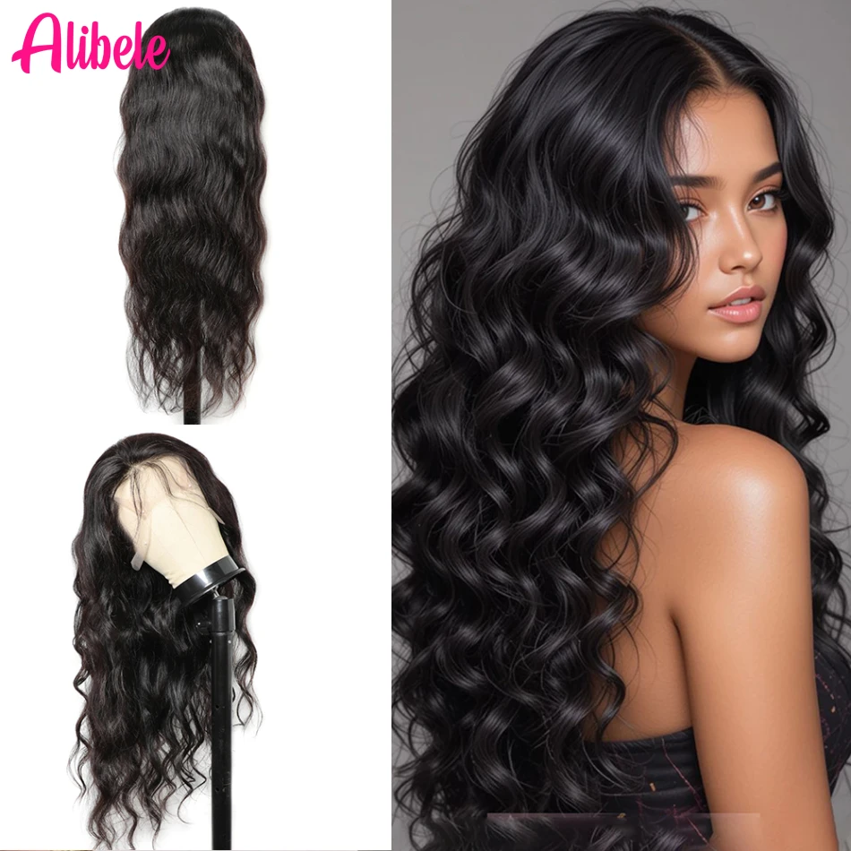 

ALIBELE Body Wave Lace Frontal Wig Human Hair Transparent Lace Front Wig Pre Plucked Natural Black 12A Virgin Hair
