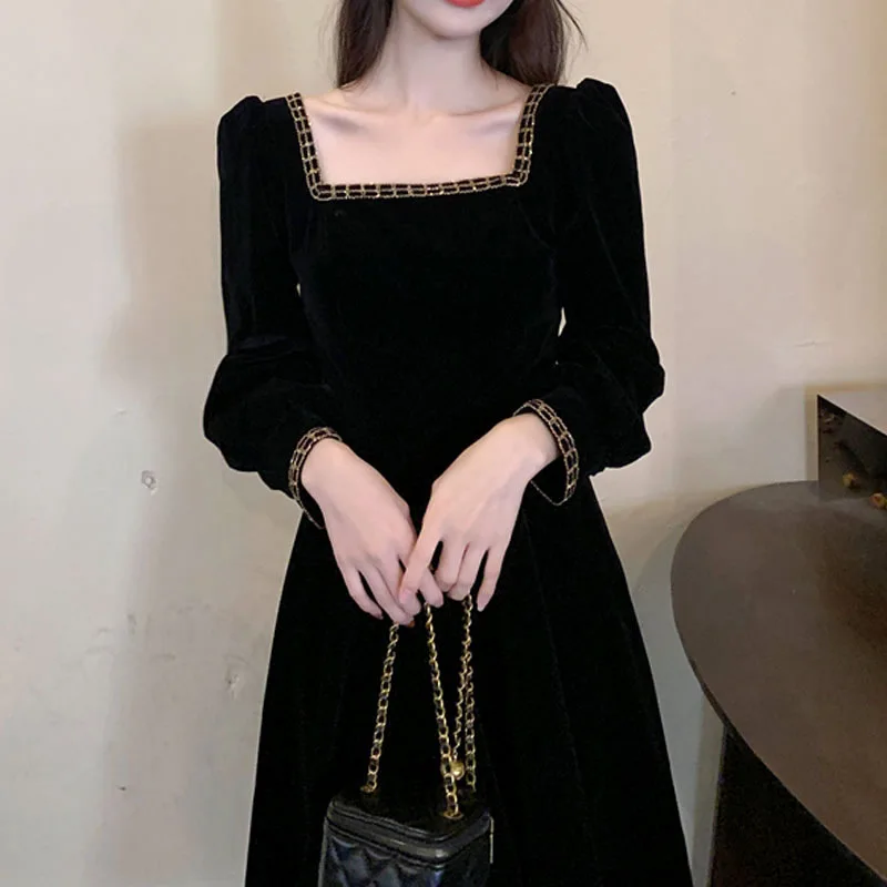 Small French black dress new spring and autumn bubble sleeve square collar long skirt tide