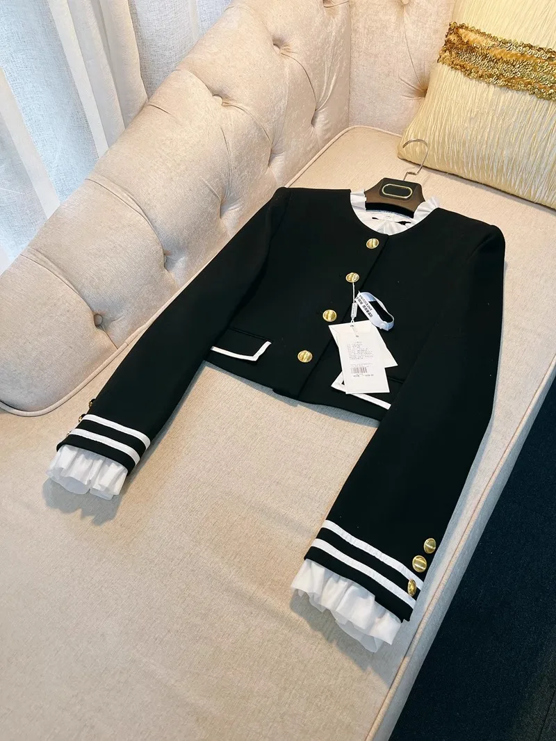 

Fall 2024 Bla Briti Sle ort Jaet Fem Original Design Patchwork Le Cool Vintage Young Reduction Outward Coat
