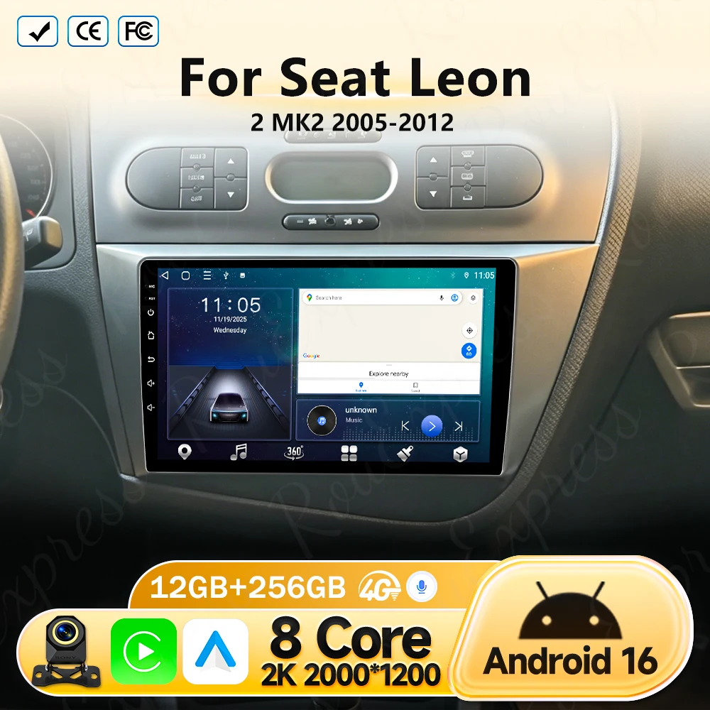 

Автомагнитола Android 16 с GPS-навигацией, CarPlay для Seat Leon 2 MK2 2005-2012, мультимедийный видеоплеер, стереосистема с DSP, камера 360°, Wi-Fi, 4G
