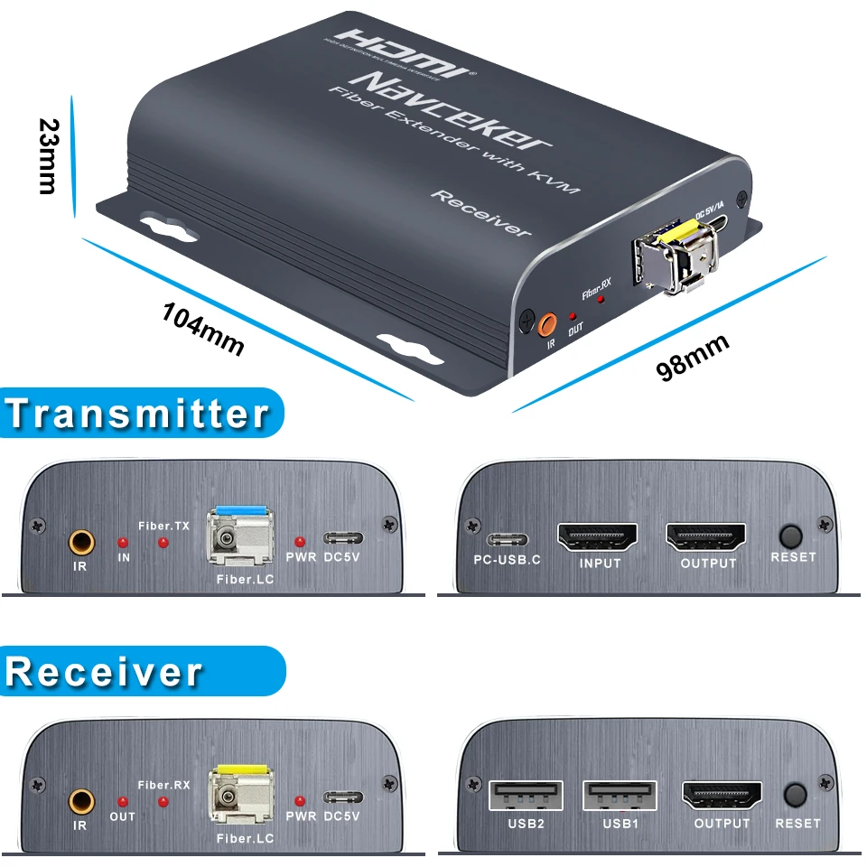 Navceker 20Km HDMI Fiber Optic USB KVM Extender Video Transmitter Receiver Over LC Fiber Cable Extender For mouse keyboard PC