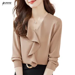 NAVIU Khaki Ruffle Shirt Women New 2023 Autumn Temperament V Neck Casual Formal Chiffon Blouses Office Lady Work Tops White