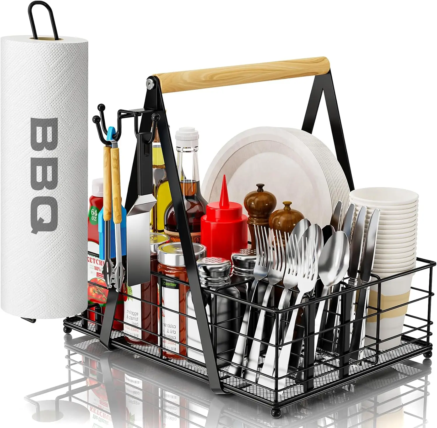 

Portable BBQ Condiment and Utensil Organizer with Paper Towel Holder for Camping Picnic