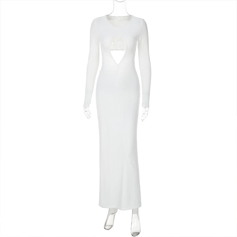 OMSJ-Robe Maxi à Manches sulfpour Femme, Vêtement Découpé, Moulant, Taille Haute, Blanc Pur, Col Ras du Cou, Boîte de Nuit, Mode 2024