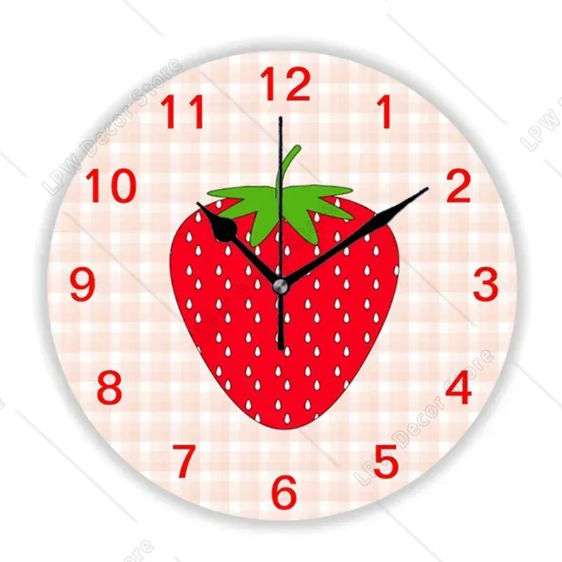 Chic Rustic Red Strawberry on Gingham Check Wall Clock Kitchen Dining Room Farmhouse Strawberries Fruits Wall Watch Home Decor