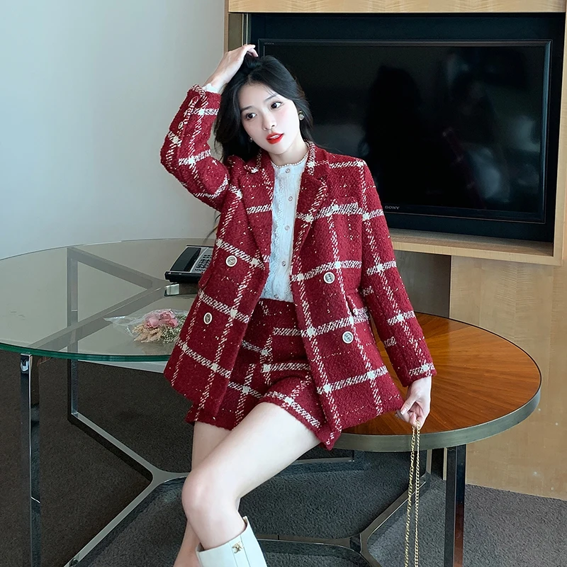 High Quality Elegant Plaid Tweed Blazer Shorts Suits Autumn Winter Outfits for Women Two Piece Business Chic Office Matching Set