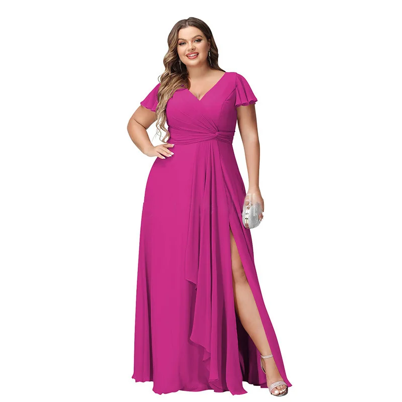 Personalize plus size fenda uma linha chiffon manga curta fora do ombro vestidos de dama de honra festa de casamento formal baile de formatura rendas até