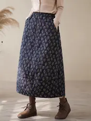 Warm Midi A-Line Autumn Winter Skirt for Women Floral Print Cotton Linen, Artistic Retro High Waist Loose Fit Quilted Skirt A037