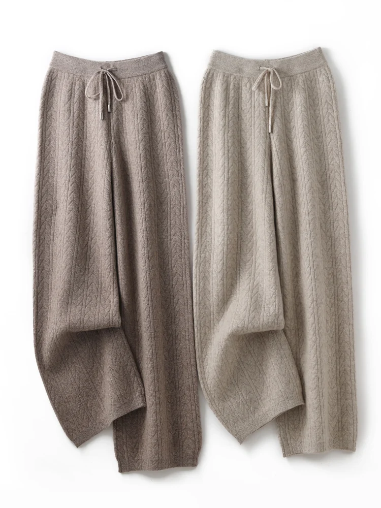 Women 100% Merino Wool Knitted Trousers Pure Wool thickened Diamond Pattern Wide-leg Pants Autumn Winter Soft Casual Style Pants