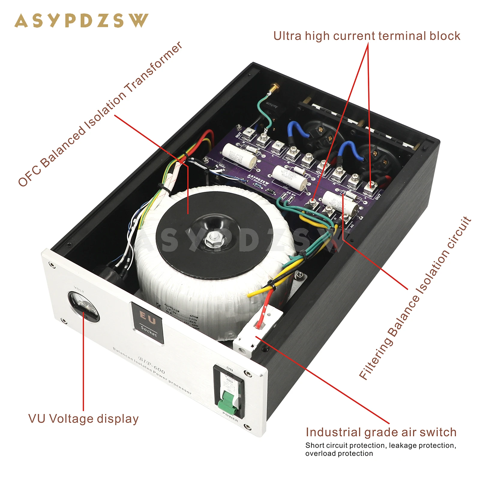 

BIP-600 2 Seats EU Socket HIFI 600VA Toroidal Balanced isolation transformer 600W AC Power supply processor