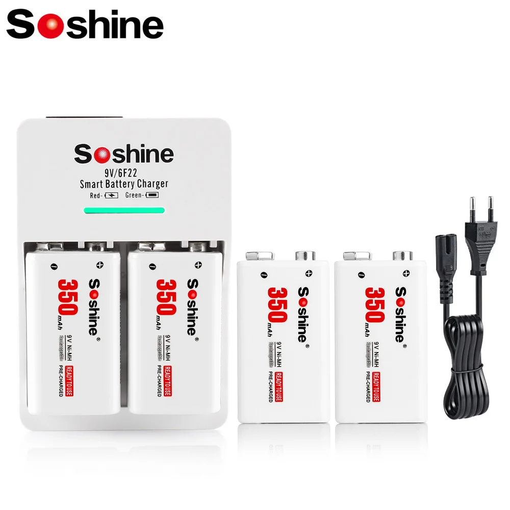 Soshine 350mAh 9V 6F22 Rechargeable Battery and 2 Slots Smart US EU Charger 6F22 9 Volt Ni-MH Batteries for Metal Detector Toy