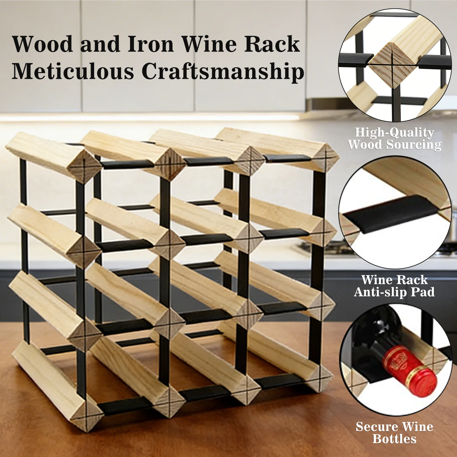 Kitchen Countertop Wine Rack Modular Wood and Metal Wine Storage Organizer for 12 Bottles