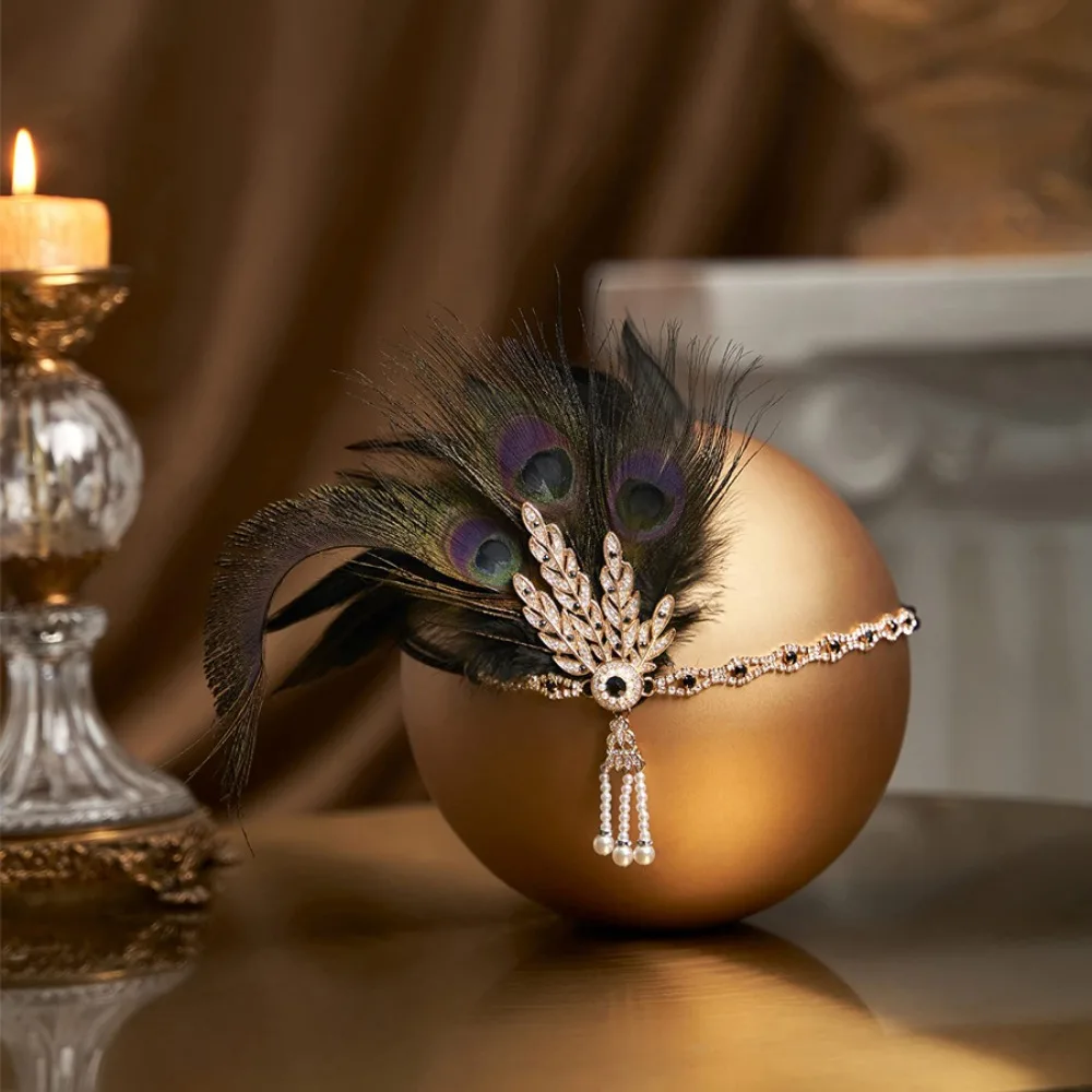 

Vintage Rhinestone Flapper Headband Tassel Peacock Feather Hair Strap Forehead Chain Party Photography