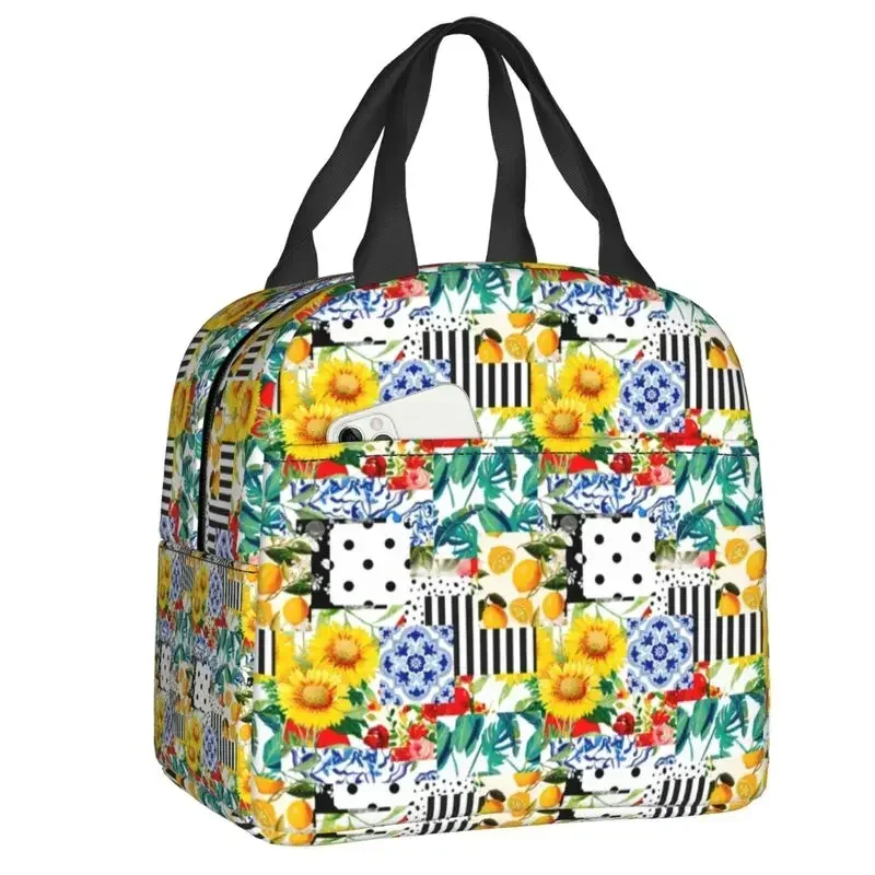 Sicilia Summer Fruit Lemon Citrus Tiles Lunch Bag Warm Cooler Insulated Lunch Container Box for Kids Food Picnic Tote Bags