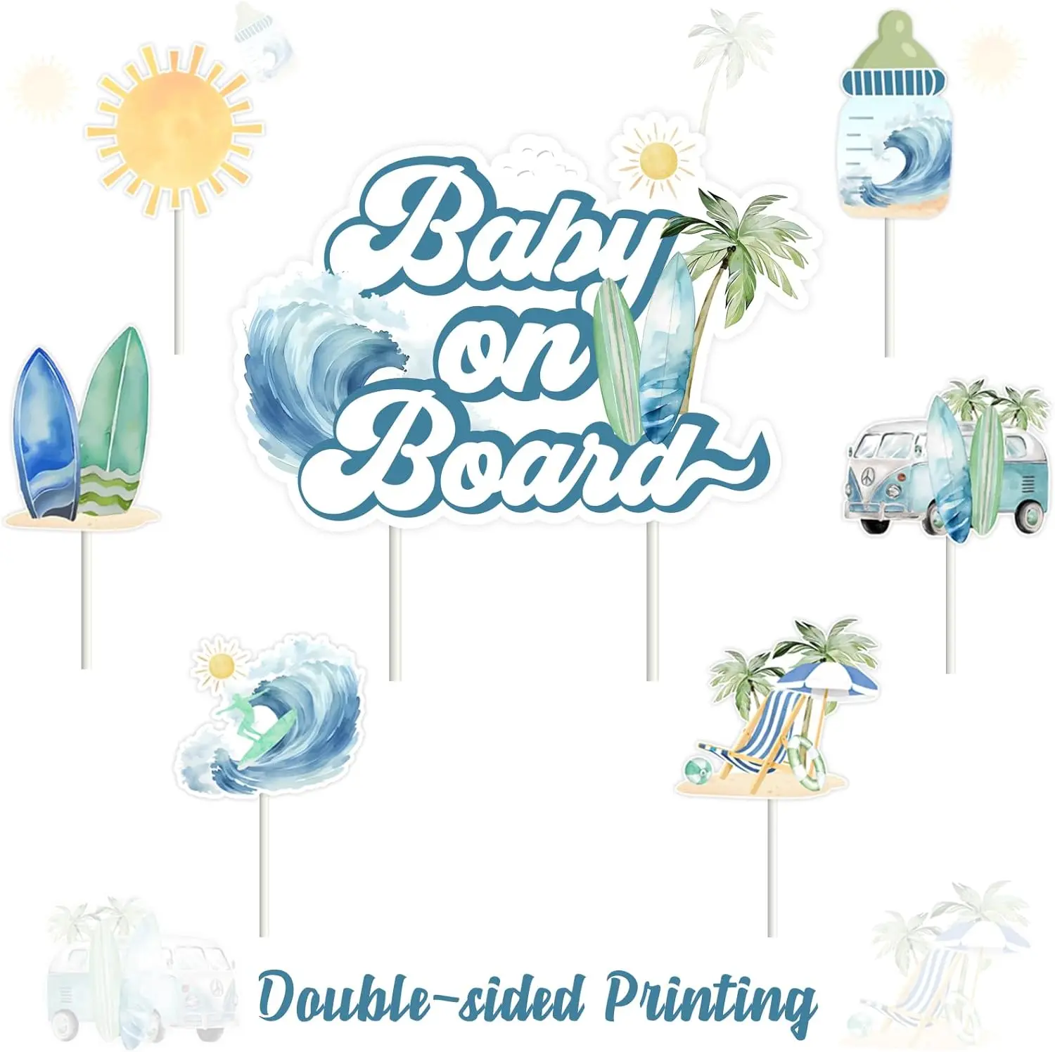 Baby on Board Cake Toppers, Summer Surf Baby Shower Decor, Cupcake Toppers, Hawaii Beach Baby Shower Decors