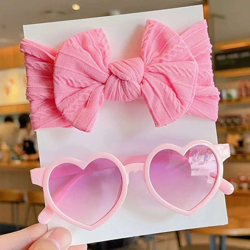 2 Teile/satz Neue Kinder Nette Farben Weiche Bowknot Breite Haarbänder Mode Runde Blume UV400 Sonnenbrille Set Kinder Haar Zubehör – Detail 16